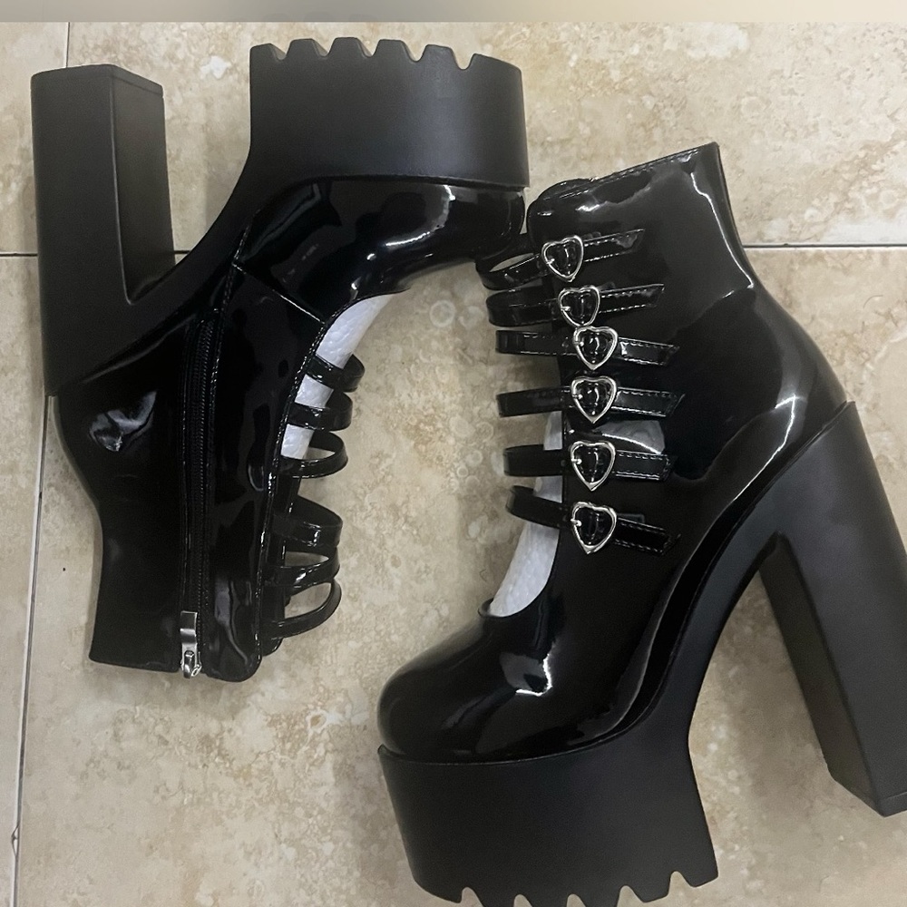 Black Platform Ankle Boots with Heart Buckles - Picture 4 of 7